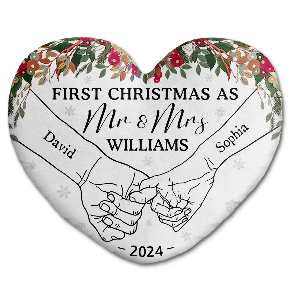 Gift For Couples - Holding Hands First Christmas As Married Couple - Personalized Heart Shaped Pillow