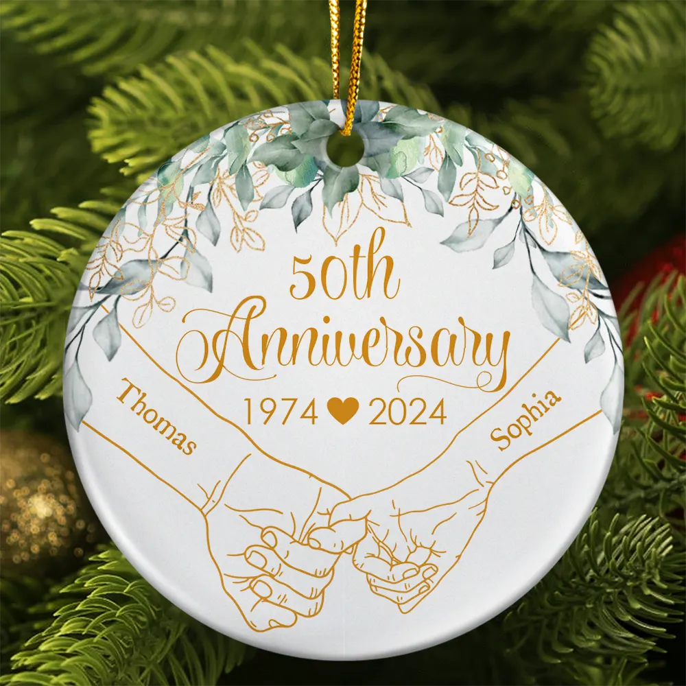 Gift For Couples - Holding Hands Couples Anniversary - Personalized Circle Ceramic Ornament