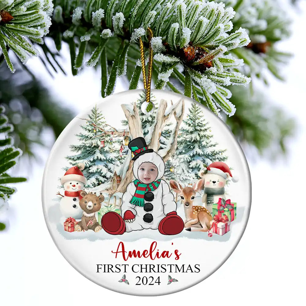 New baby, Gift For Kids, Parents - Custom Photo Baby's First Christmas Funny Face - Personalized Circle Ceramic Ornament