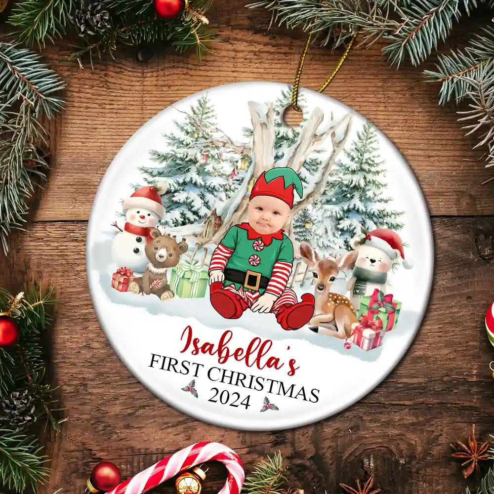 New baby, Gift For Kids, Parents - Custom Photo Baby's First Christmas Funny Face - Personalized Circle Ceramic Ornament