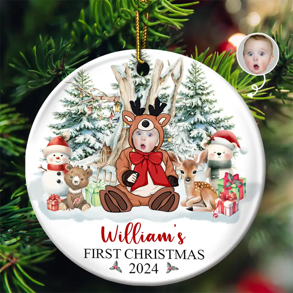 New baby, Gift For Kids, Parents - Custom Photo Baby's First Christmas Funny Face - Personalized Circle Ceramic Ornament