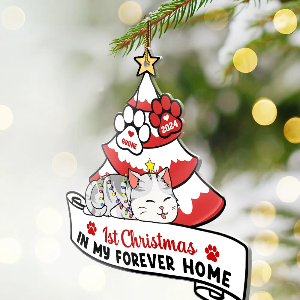 Pet Lovers, Cat Lovers - Lying Cat First Christmas In My Forever Home - Personalized Cutout Acrylic Ornament