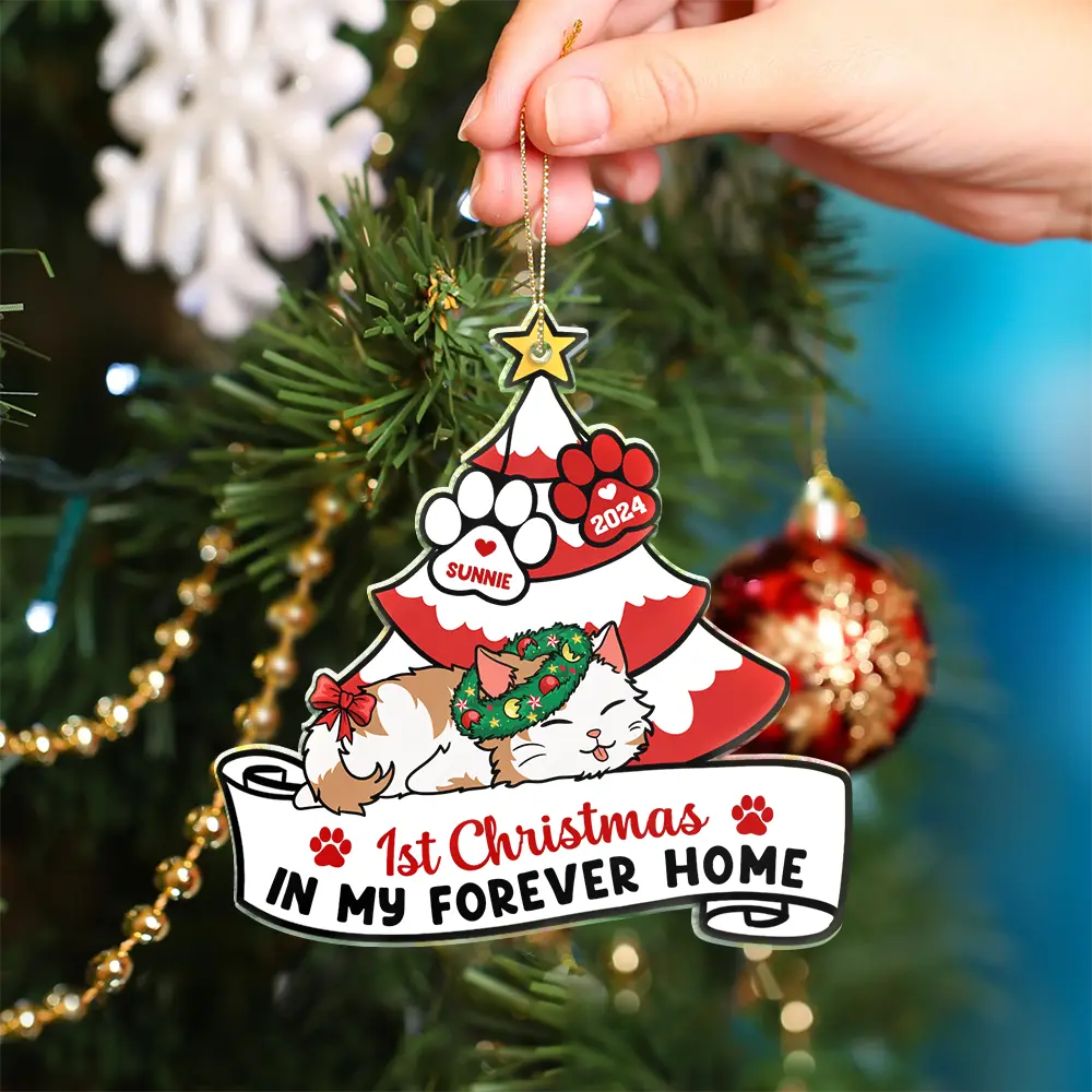 Pet Lovers, Cat Lovers - Lying Cat First Christmas In My Forever Home - Personalized Cutout Acrylic Ornament