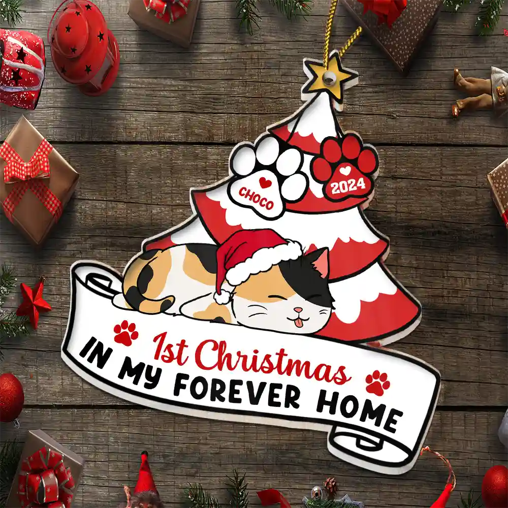 Pet Lovers, Cat Lovers - Lying Cat First Christmas In My Forever Home - Personalized Cutout Acrylic Ornament