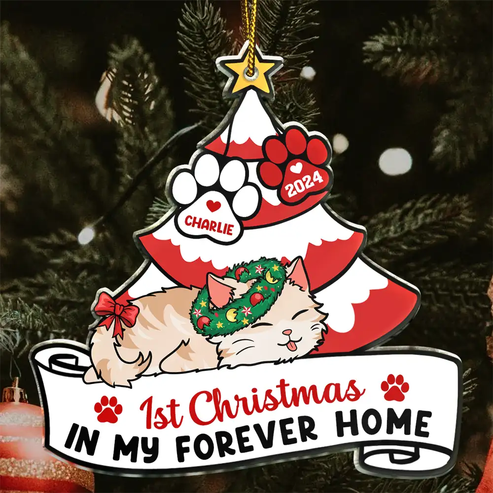 Pet Lovers, Cat Lovers - Lying Cat First Christmas In My Forever Home - Personalized Cutout Acrylic Ornament