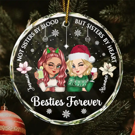 Gift For Bestie, Sisters - Birth Flower Not Sisters By Blood But Sisters By Heart - Personalized Circle Glass Ornament