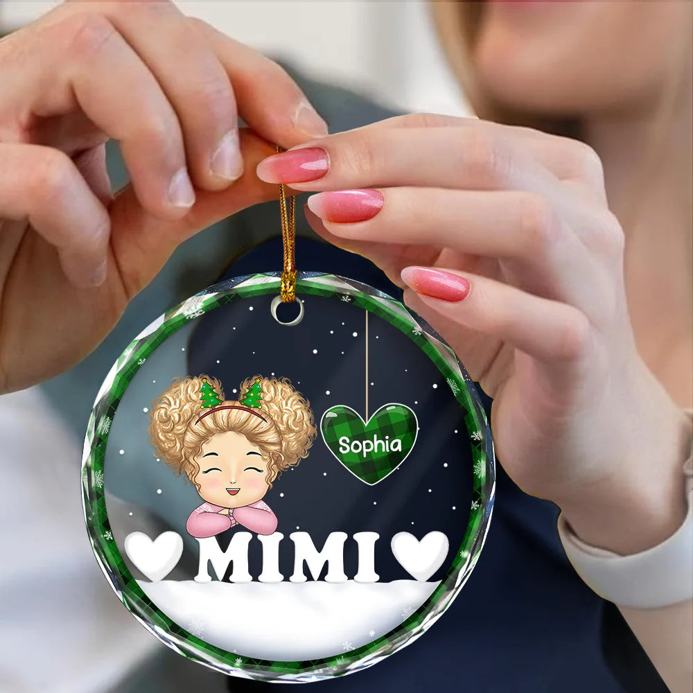 Gift For Grandparents - Chibi Grandkids Heart By Heart - Personalized Circle Glass Ornament