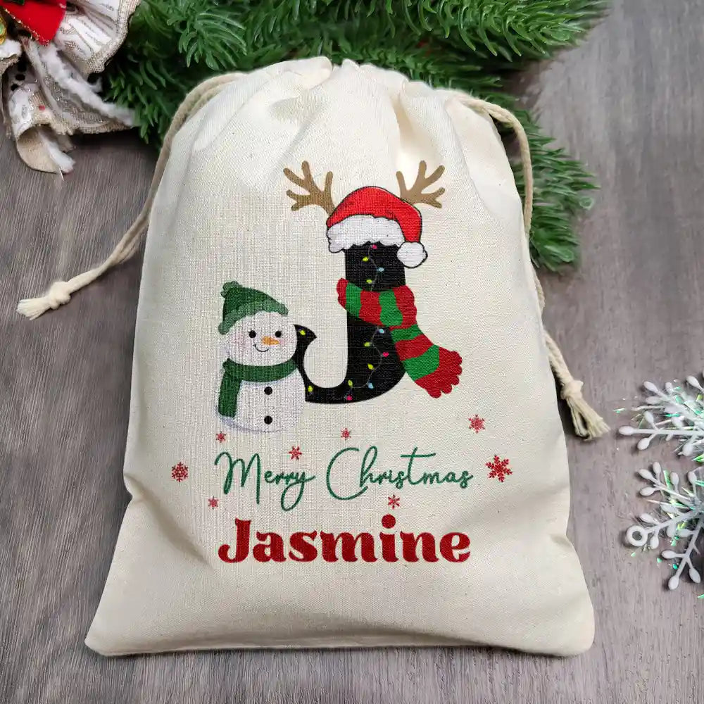 Christmas,Continue Shopping,Family,Parents,Gift For Kids,Happy - Name Monogram Snowman Merry Christmas - Personalized Favor Bag