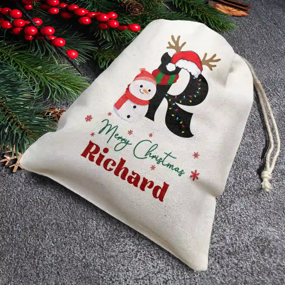 Christmas,Continue Shopping,Family,Parents,Gift For Kids,Happy - Name Monogram Snowman Merry Christmas - Personalized Favor Bag