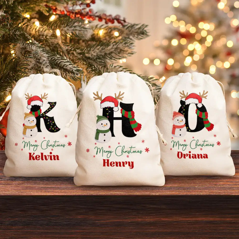 Christmas,Continue Shopping,Family,Parents,Gift For Kids,Happy - Name Monogram Snowman Merry Christmas - Personalized Favor Bag