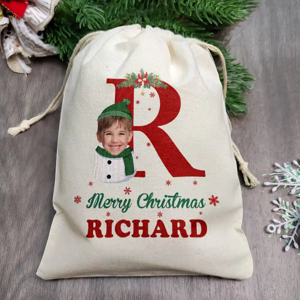 Christmas,Continue Shopping,Family,Parents,Gift For Kids,Happy,Custom Photo - Custom Photo Monogram Snowman Merry Christmas - Personalized Favor Bag
