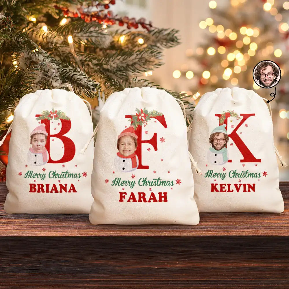 Christmas,Continue Shopping,Family,Parents,Gift For Kids,Happy,Custom Photo - Custom Photo Monogram Snowman Merry Christmas - Personalized Favor Bag
