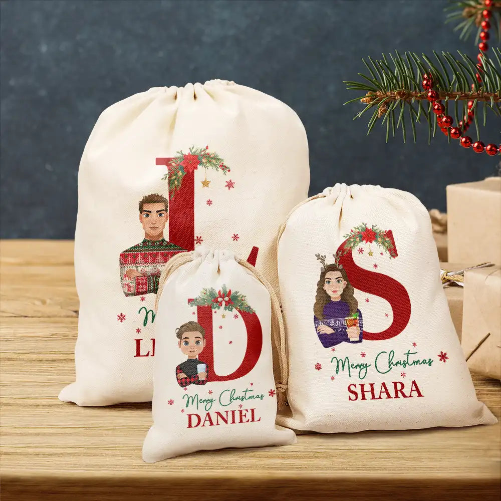 Family, Parents, Gift For Kids - Monogram Merry Christmas Cartoon Family - Personalized Favor Bag