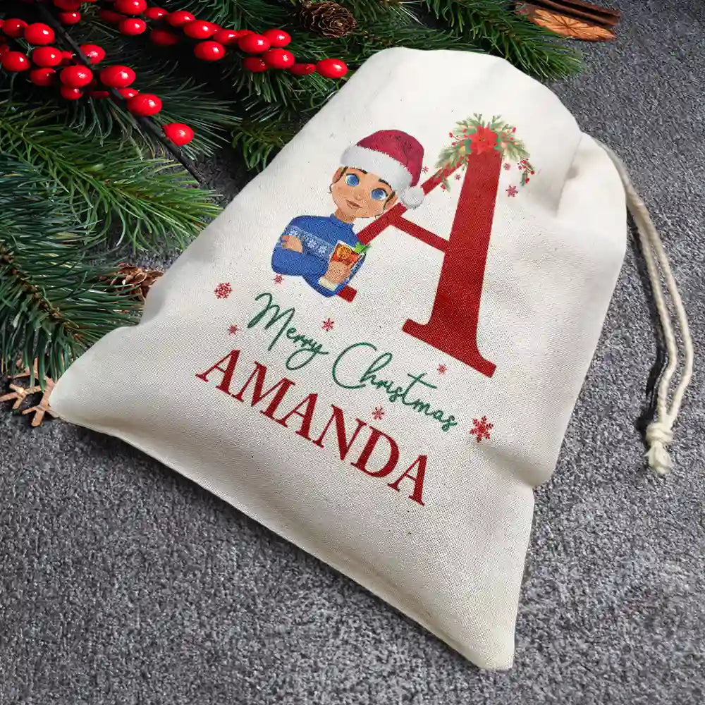 Family, Parents, Gift For Kids - Monogram Merry Christmas Cartoon Family - Personalized Favor Bag