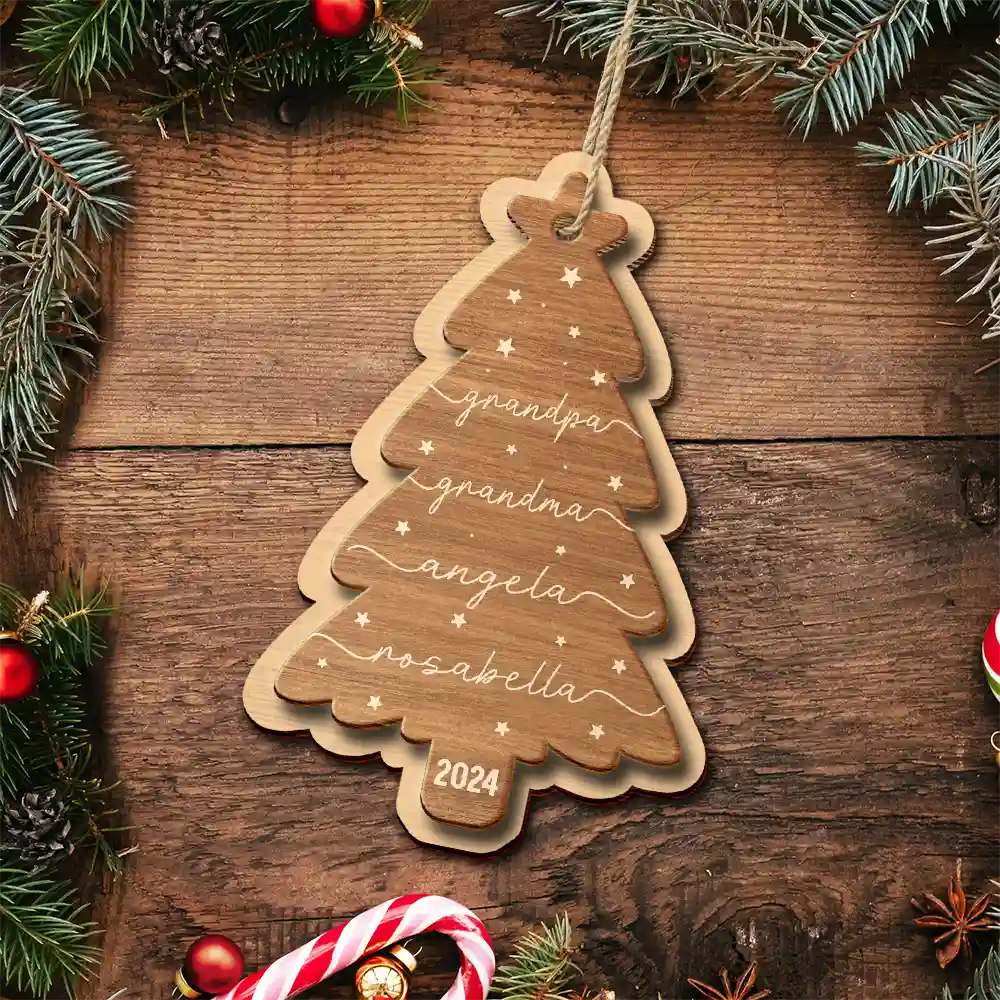 Family Name Christmas Tree - Personalized 2-Layered Wooden Ornament