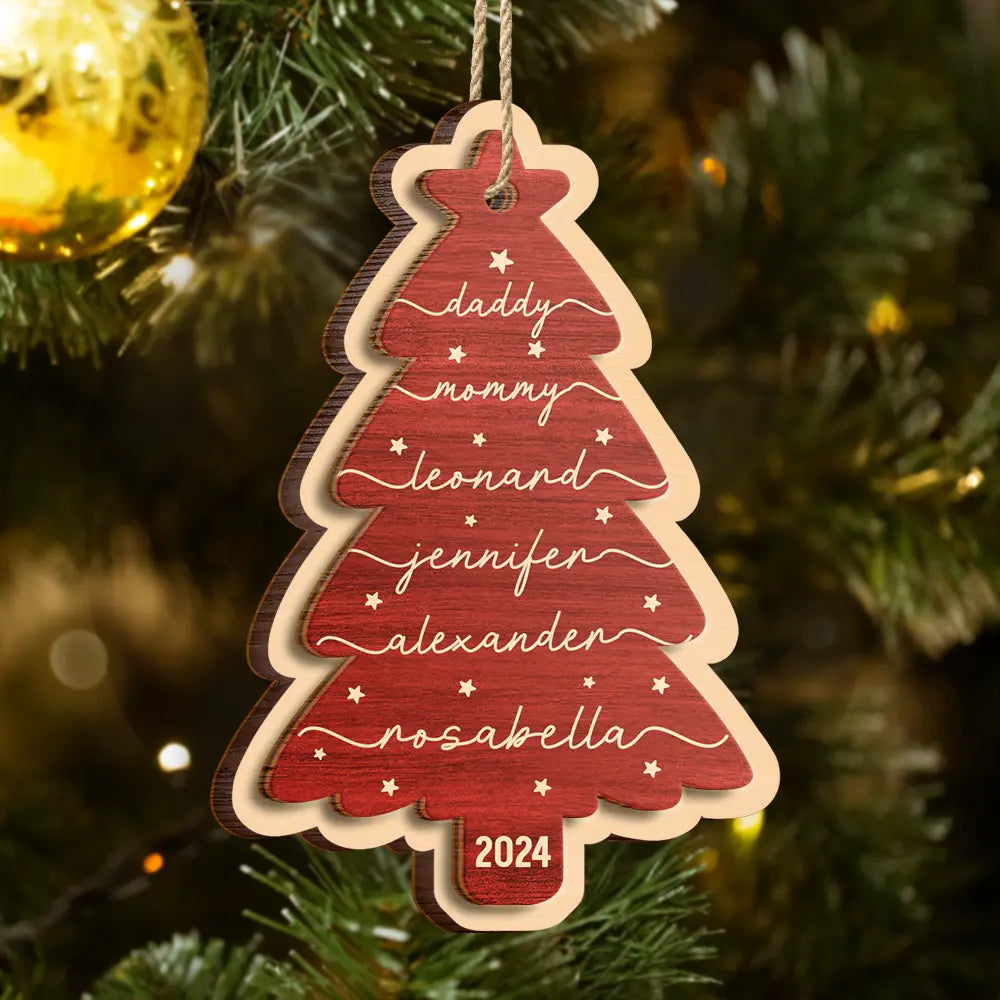 Christmas,Family,Parents,Gift For Grandparents,Happy - Family Name Christmas Tree - Personalized 2-Layered Wooden Ornament