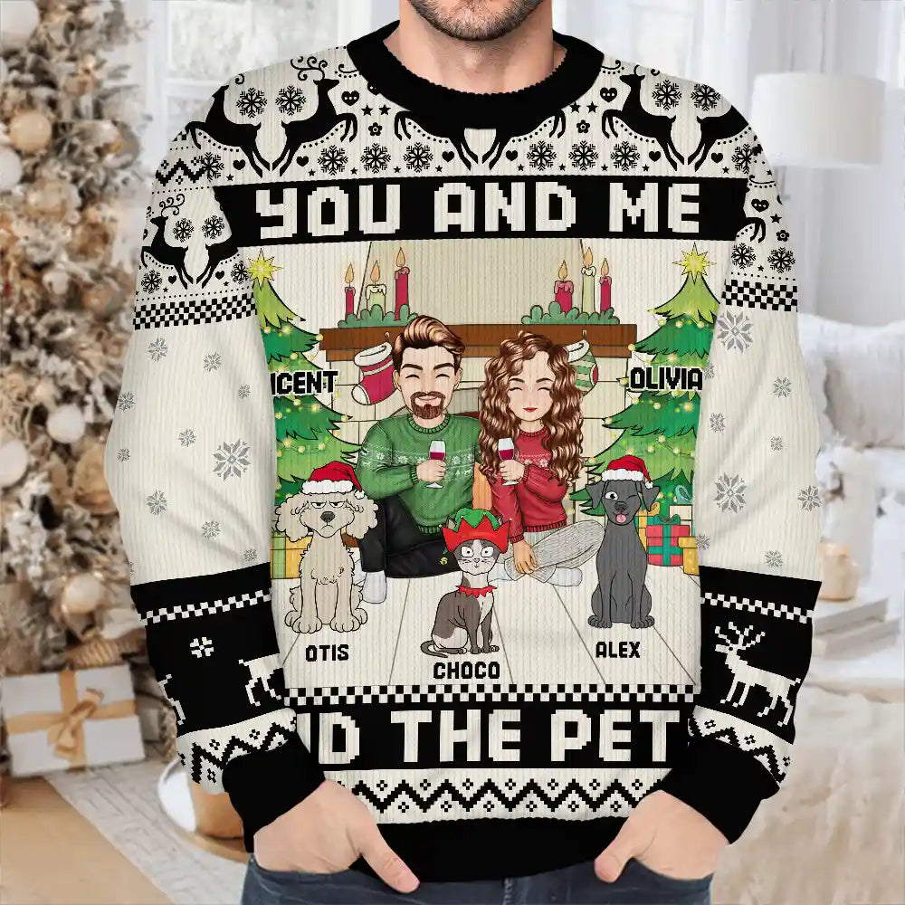 Christmas,Gift For Couples,Pet Lovers,Dog Lovers,Cat Lovers,Happy - You And Me And The Pets - Personalized Unisex Ugly Sweater