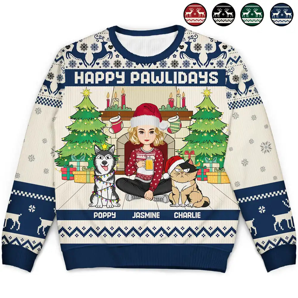 Pet Lovers,Cat Lovers,Dog Lovers - Happy Pawlidays Christmas Dogs Cats - Personalized Unisex Ugly Sweater