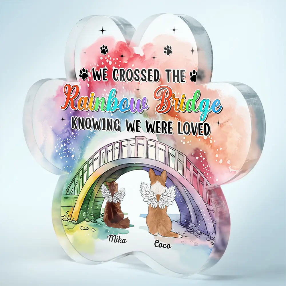 Pet Lovers, Dog Lovers, Cat Lovers, Memorial - Memorial We Will Meet Again At The Rainbow Bridge - Personalized Paw Shaped Acrylic Plaque
