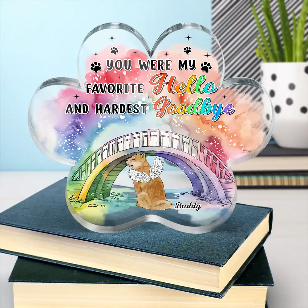 Pet Lovers, Dog Lovers, Cat Lovers, Memorial - Memorial We Will Meet Again At The Rainbow Bridge - Personalized Paw Shaped Acrylic Plaque
