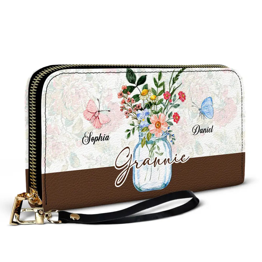 Gift For Grandma, Gift For Mother - Grandma Jar Of Flowers And Butterfly Grandkids - Personalized Leather Long Wallet