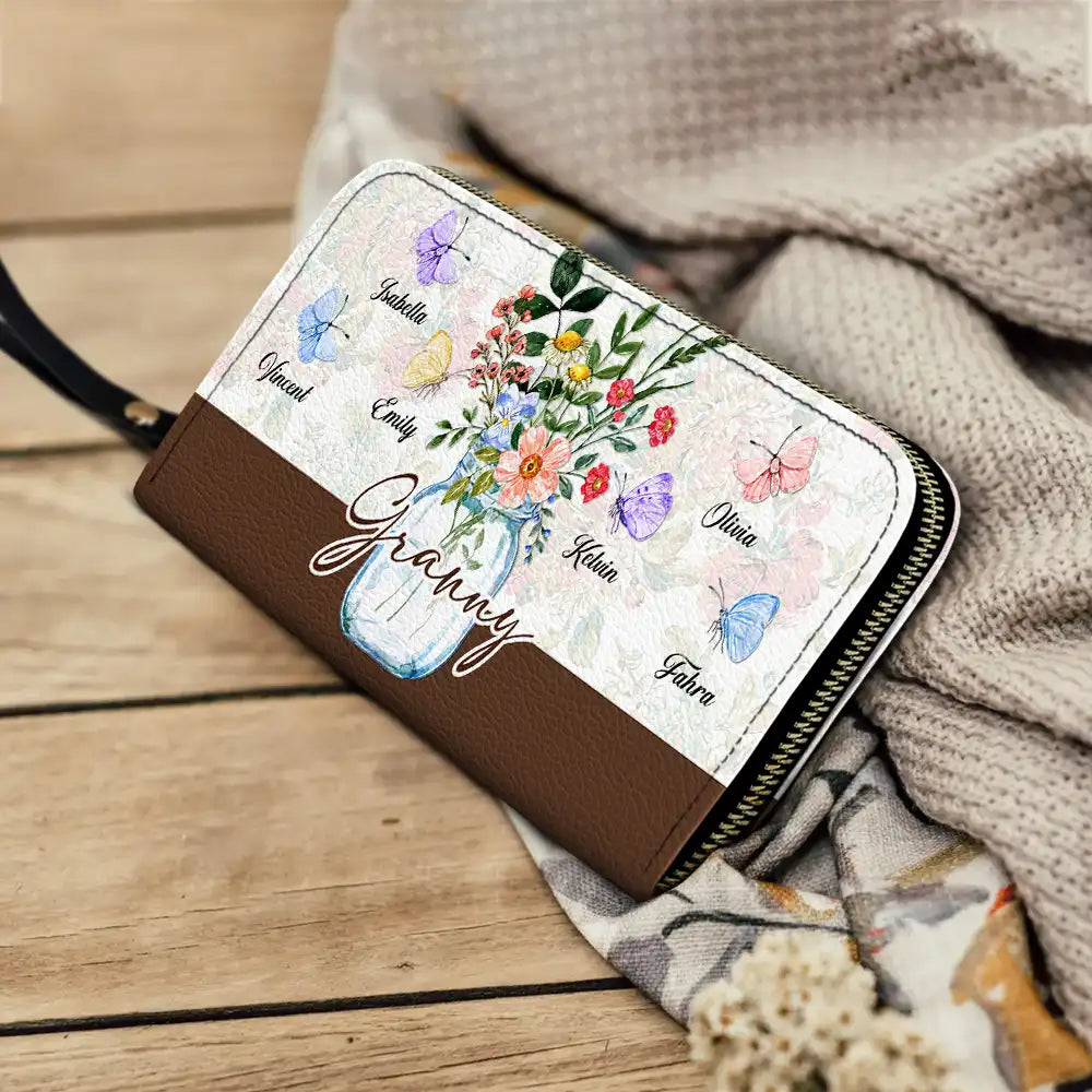 Gift For Grandma, Gift For Mother - Grandma Jar Of Flowers And Butterfly Grandkids - Personalized Leather Long Wallet