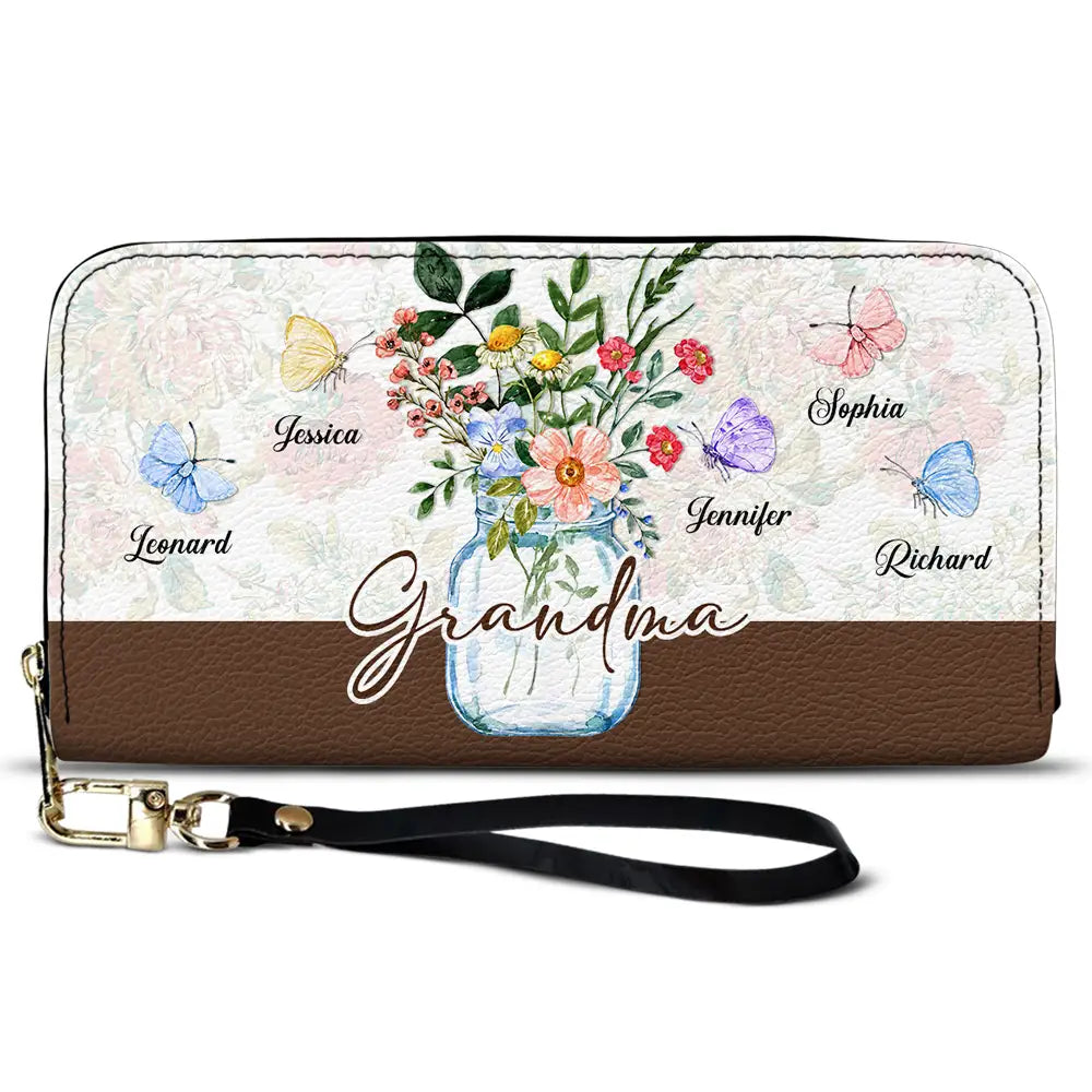 Gift For Grandma, Gift For Mother - Grandma Jar Of Flowers And Butterfly Grandkids - Personalized Leather Long Wallet