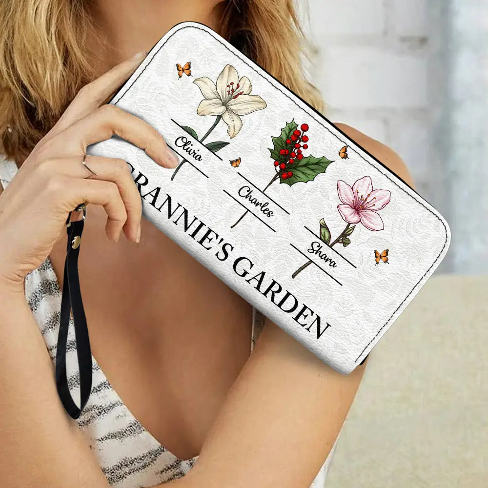 Gift For Grandma,Gift For Mother,Love - Grandma's Garden Birth Flowers Grandkids - Personalized Leather Long Wallet