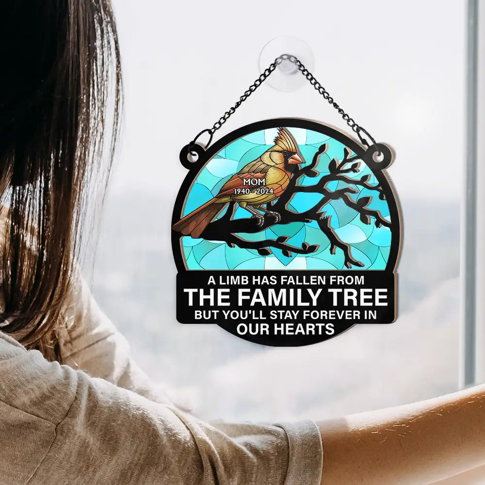 Family,Memorial,Sad - Memorial Cardinal Bird A Limb Has Fallen From The Family - Personalized Window Hanging Suncatcher Ornament