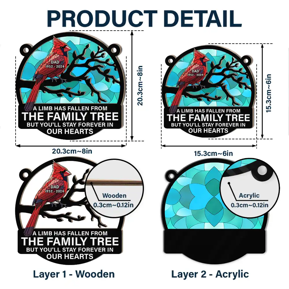 Family,Memorial,Sad - Memorial Cardinal Bird A Limb Has Fallen From The Family - Personalized Window Hanging Suncatcher Ornament