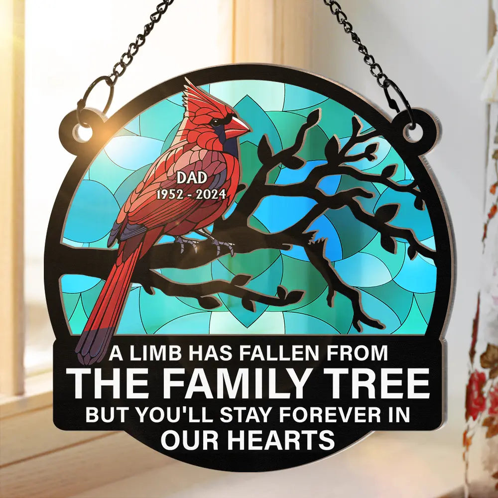 Family,Memorial,Sad - Memorial Cardinal Bird A Limb Has Fallen From The Family - Personalized Window Hanging Suncatcher Ornament