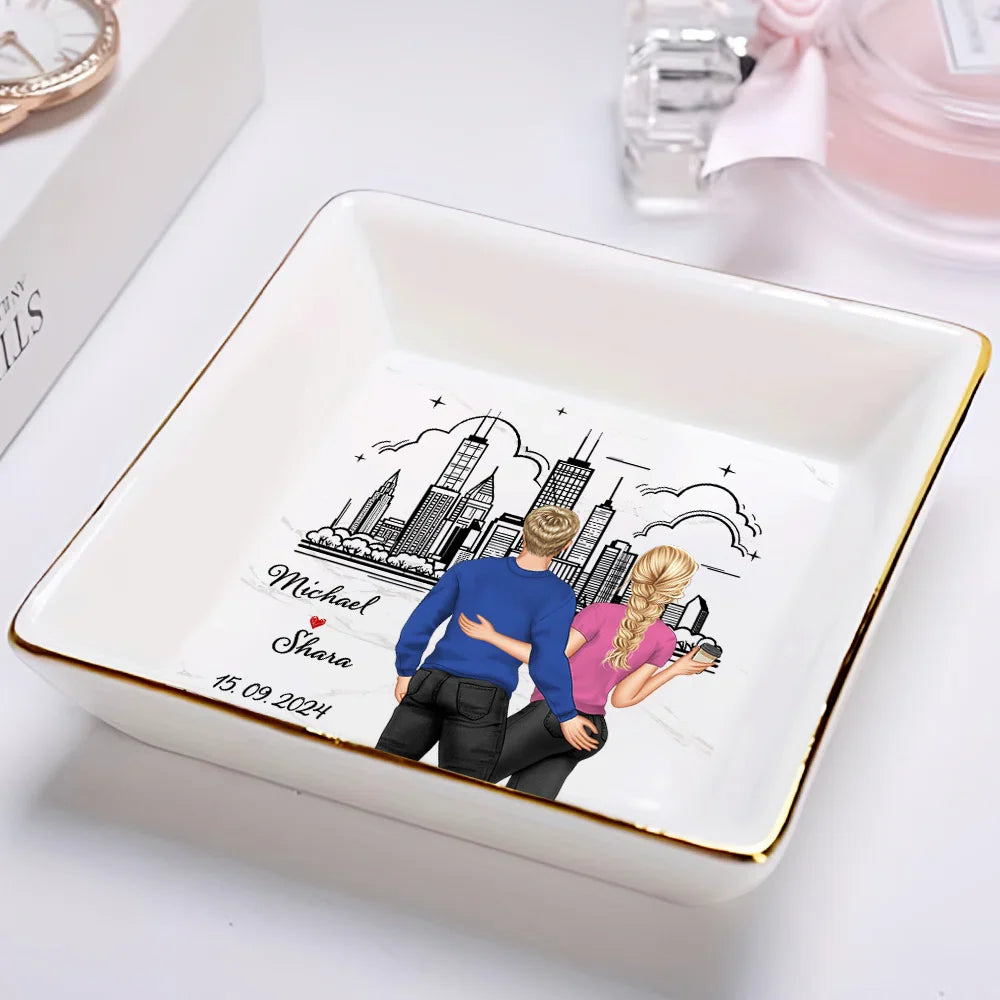 Gift For Husband,Gift For Couples,Gift For Wife,Gift For Boyfriend,Gift For Girlfriend - Skyline Backside Couple - Personalized Ring Dish
