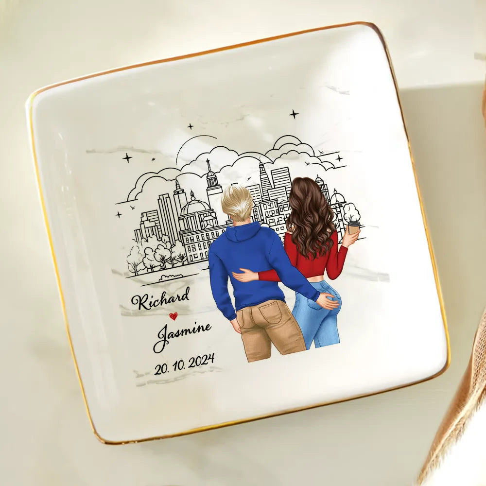 Gift For Husband,Gift For Couples,Gift For Wife,Gift For Boyfriend,Gift For Girlfriend - Skyline Backside Couple - Personalized Ring Dish
