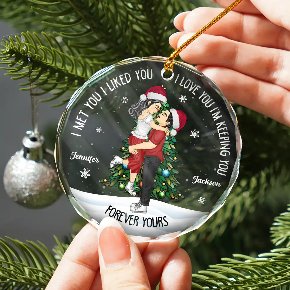 Gift For Couples, Gift For Husband, Gift For Wife, Gift For Boyfriend, Gift For Girlfriend - Christmas Couple Kissing Forever Yours - Personalized Circle Glass Ornament