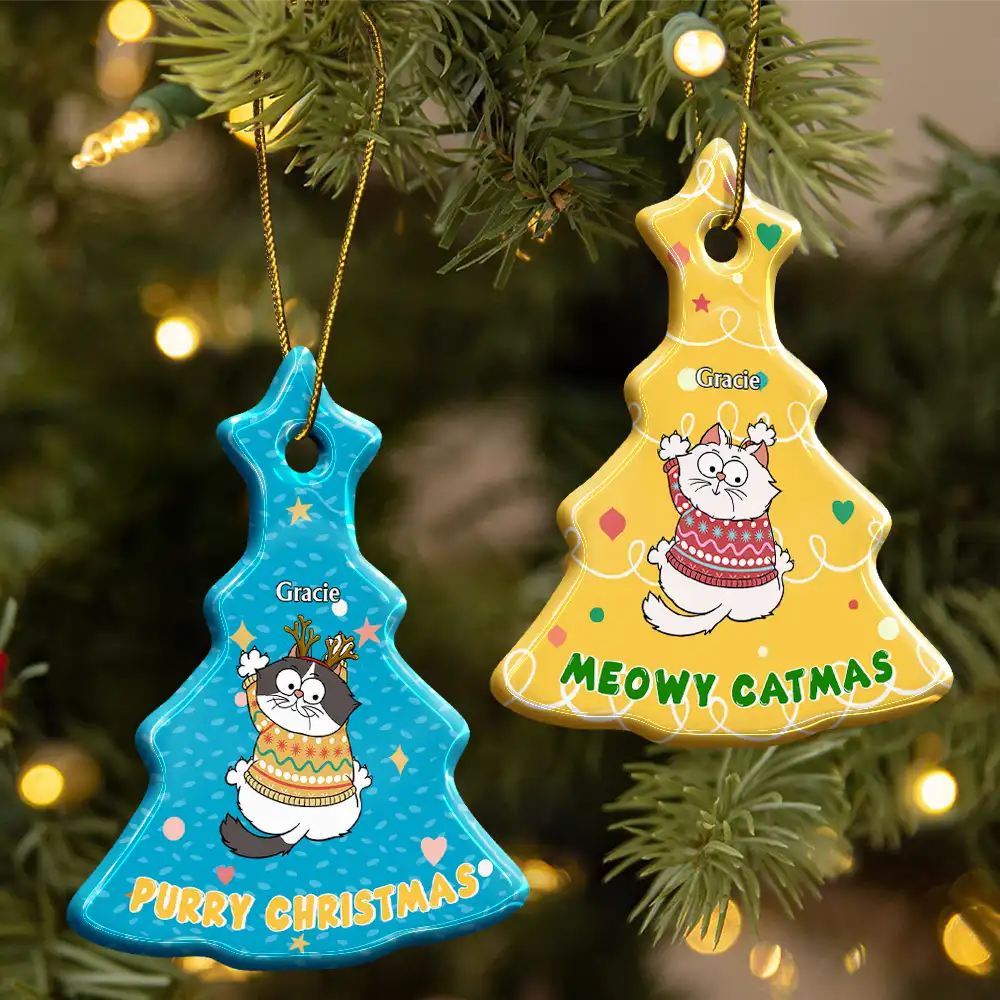 Cat Lovers,Cat Mom,Cat Dad,Funny,Happy,Christmas - Cat Climbing Christmas Tree - Personalized Tree Ceramic Ornament