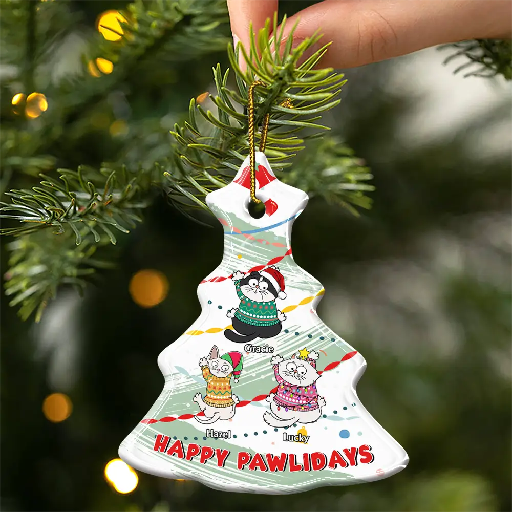 Cat Lovers,Cat Mom,Cat Dad,Funny,Happy,Christmas - Cat Climbing Christmas Tree - Personalized Tree Ceramic Ornament