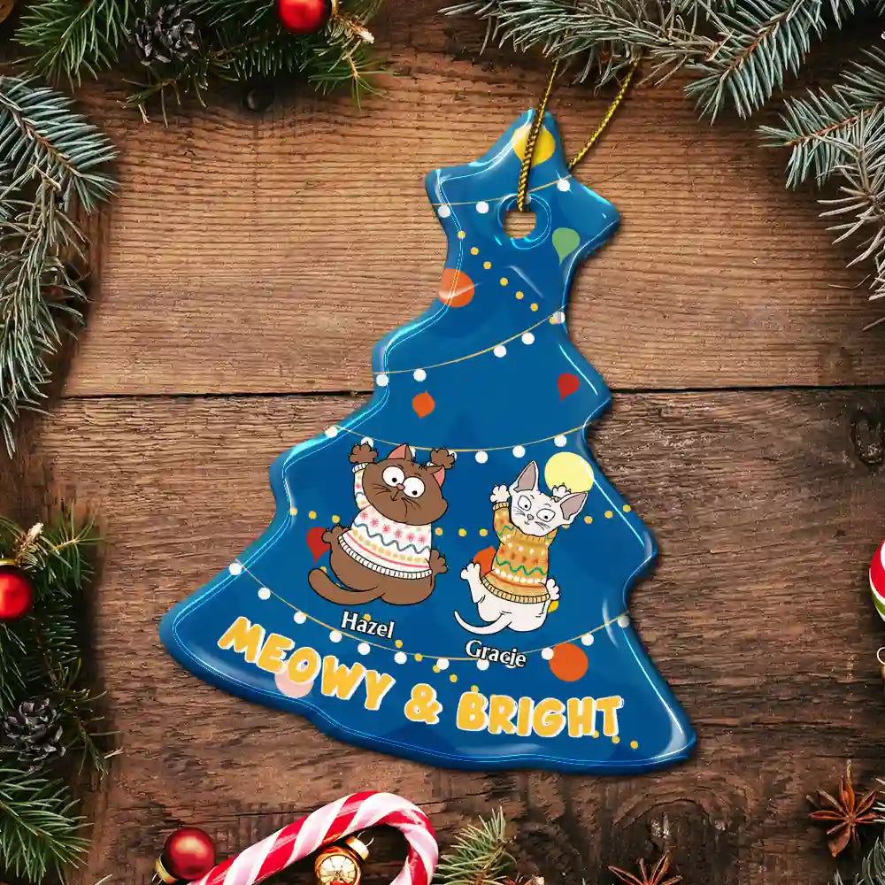 Cat Lovers,Cat Mom,Cat Dad,Funny,Happy,Christmas - Cat Climbing Christmas Tree - Personalized Tree Ceramic Ornament