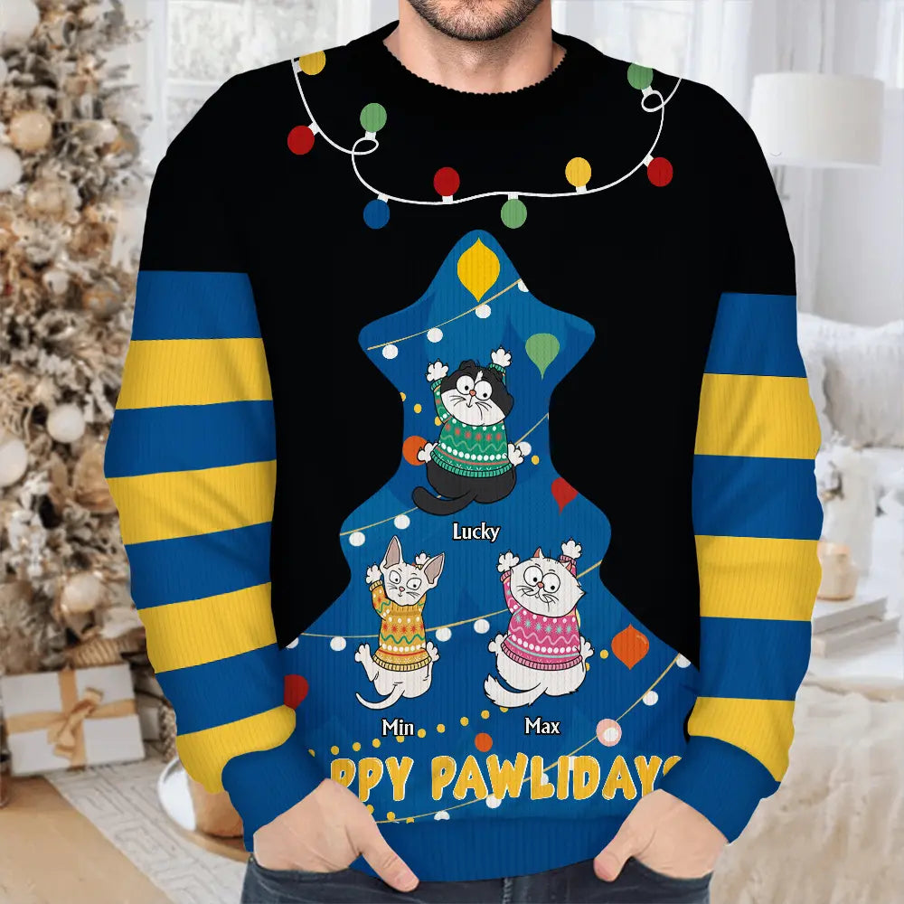 Cat Lovers,Cat Mom,Cat Dad,Pet Lovers,Pet Mom,Pet Dad,Funny,Christmas - Cat Climbing Christmas Tree - Personalized Unisex Ugly Sweater