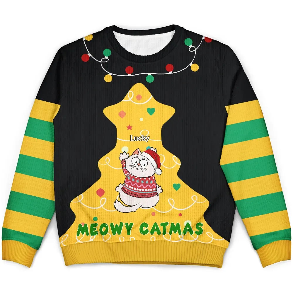 Cat Lovers,Cat Mom,Cat Dad,Pet Lovers,Pet Mom,Pet Dad,Funny,Christmas - Cat Climbing Christmas Tree - Personalized Unisex Ugly Sweater