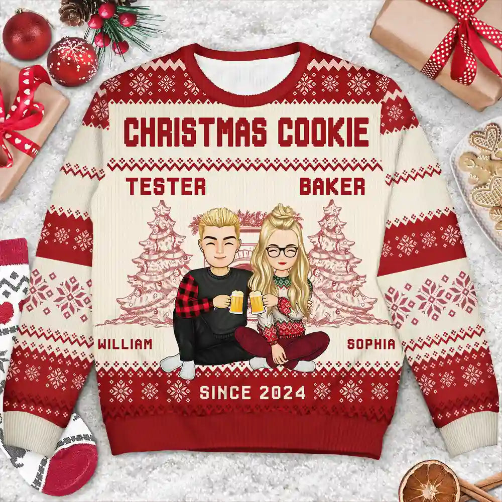 Gift For Couples, Gift For Husband, Gift For Wife, Gift For Boyfriend, Gift For Girlfriend - Christmas Couple Cookie Tester & Baker - Personalized Unisex Ugly Sweater