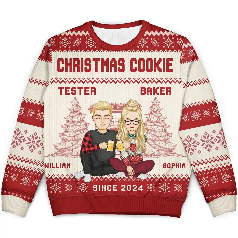 Gift For Couples, Gift For Husband, Gift For Wife, Gift For Boyfriend, Gift For Girlfriend - Christmas Couple Cookie Tester & Baker - Personalized Unisex Ugly Sweater