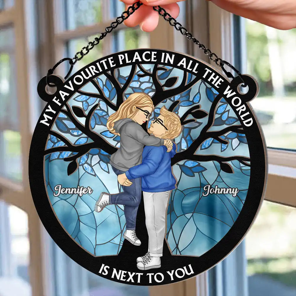 Gift For Couples, Gift For Husband, Gift For Wife, Gift For Boyfriend, Gift For Girlfriend - Couple Cartoon Kissing My Favorite Place In All The World - Personalized Window Hanging Suncatcher Ornament