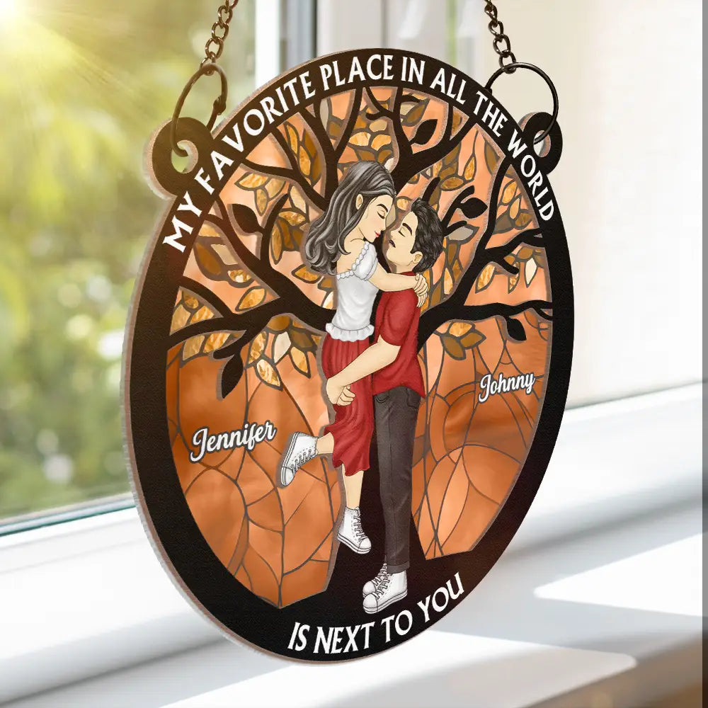 Gift For Couples, Gift For Husband, Gift For Wife, Gift For Boyfriend, Gift For Girlfriend - Couple Cartoon Kissing My Favorite Place In All The World - Personalized Window Hanging Suncatcher Ornament