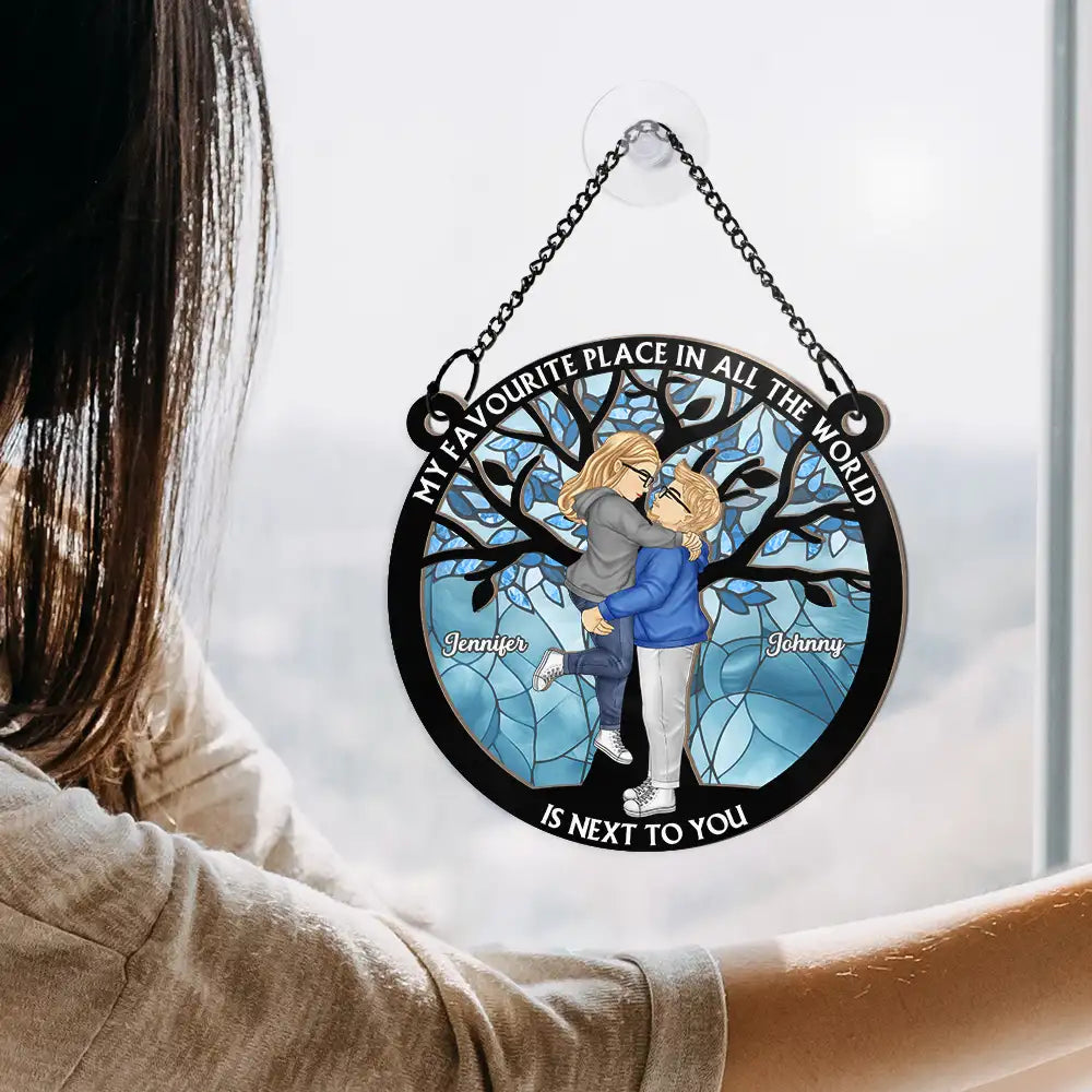 Gift For Couples, Gift For Husband, Gift For Wife, Gift For Boyfriend, Gift For Girlfriend - Couple Cartoon Kissing My Favorite Place In All The World - Personalized Window Hanging Suncatcher Ornament