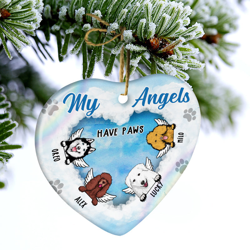 Dog Lovers Memorial My Angels Has Paws - Memorial Gift - Personalized Custom Heart Ceramic Ornament