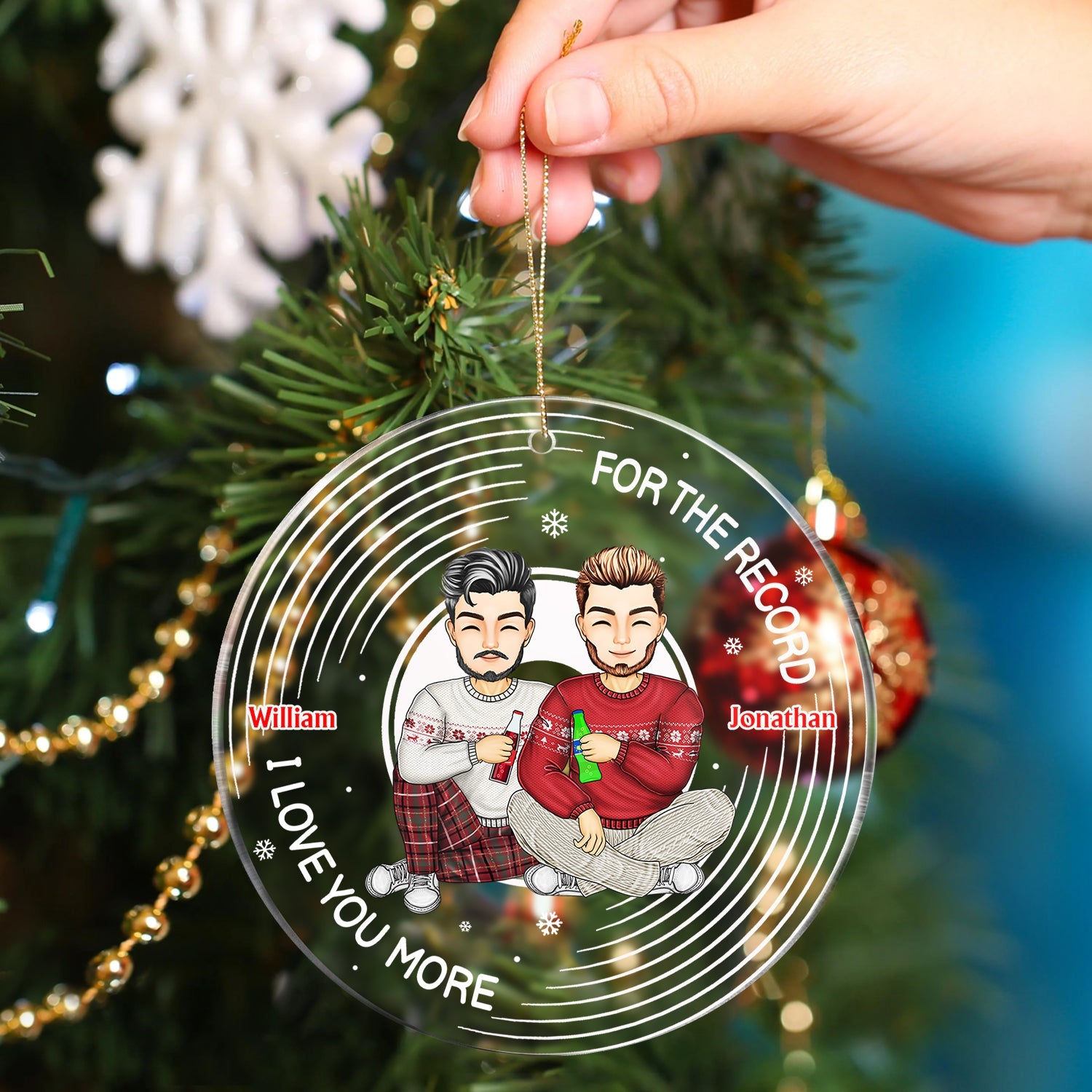 Christmas Couple For The Record I Love You More - Gift For Couples - Personalized Circle Acrylic Ornament