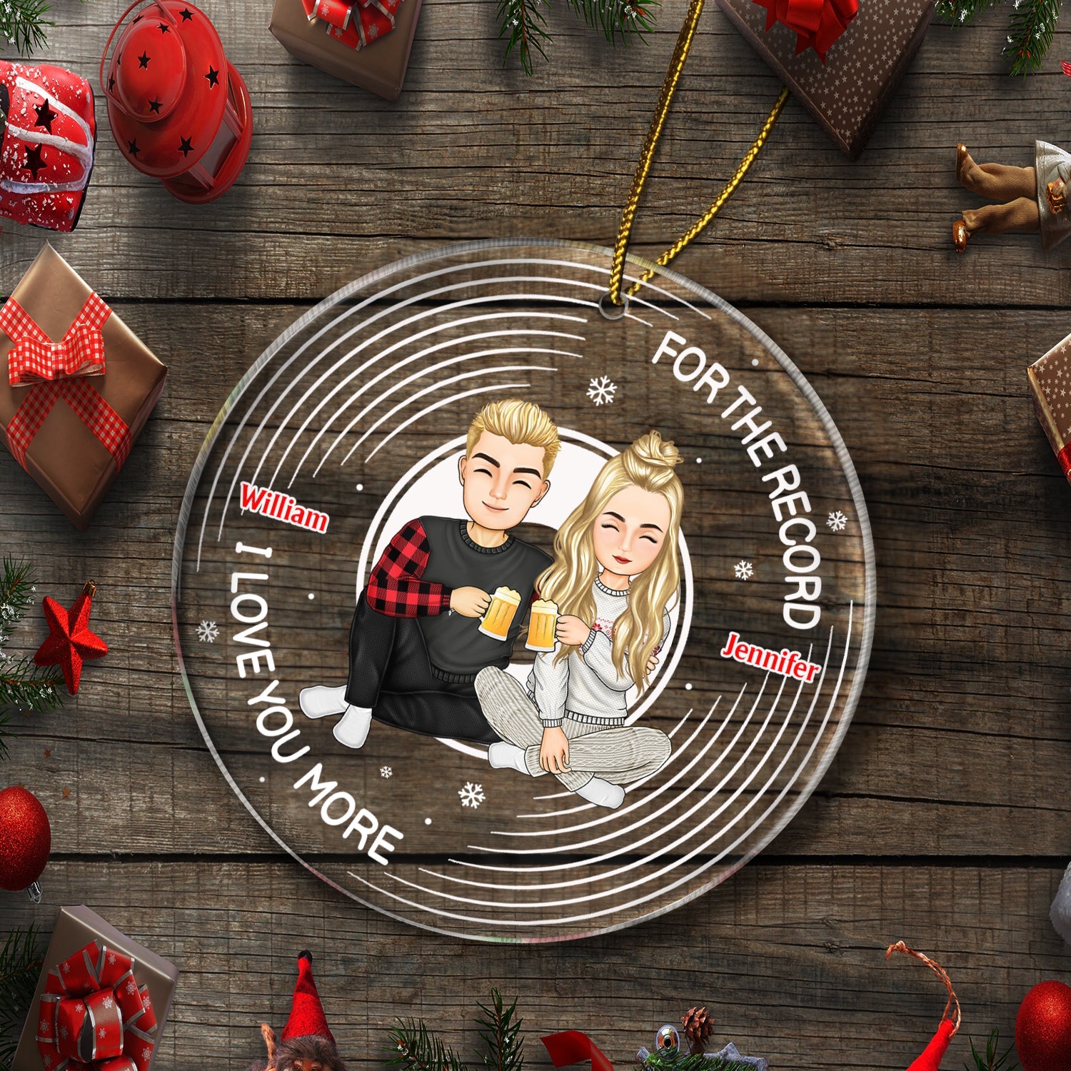 Christmas Couple For The Record I Love You More - Gift For Couples - Personalized Circle Acrylic Ornament