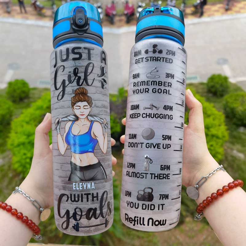 Fitness Girl Just A Girl With Goals - Gift For Gymer - Personalized Custom Water Tracker Bottle