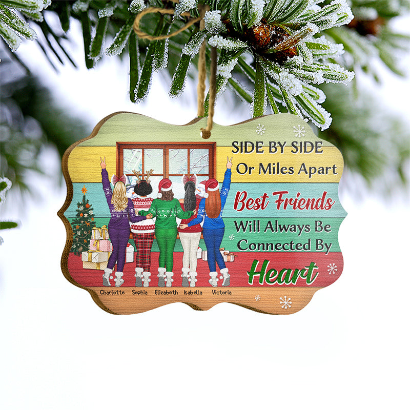 Side By Side Or Miles Apart Sisters - Christmas Gift For Sister - Personalized Custom Wooden Ornament, Aluminum Ornament