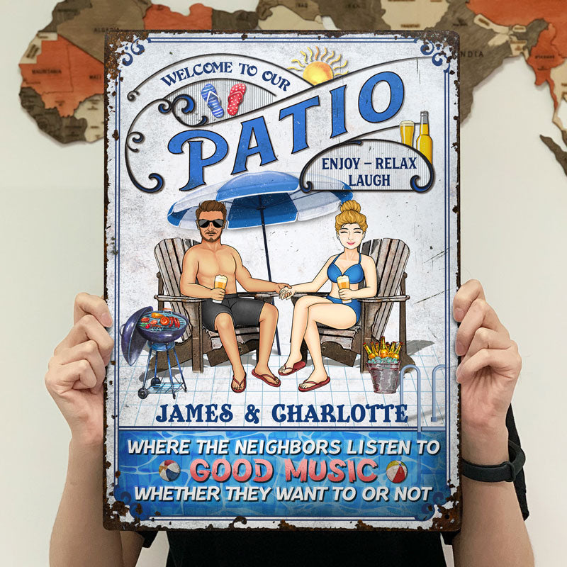 Swimming Pool Family Couple Listen To The Good Music - Pool Sign - Personalized Custom Classic Metal Signs